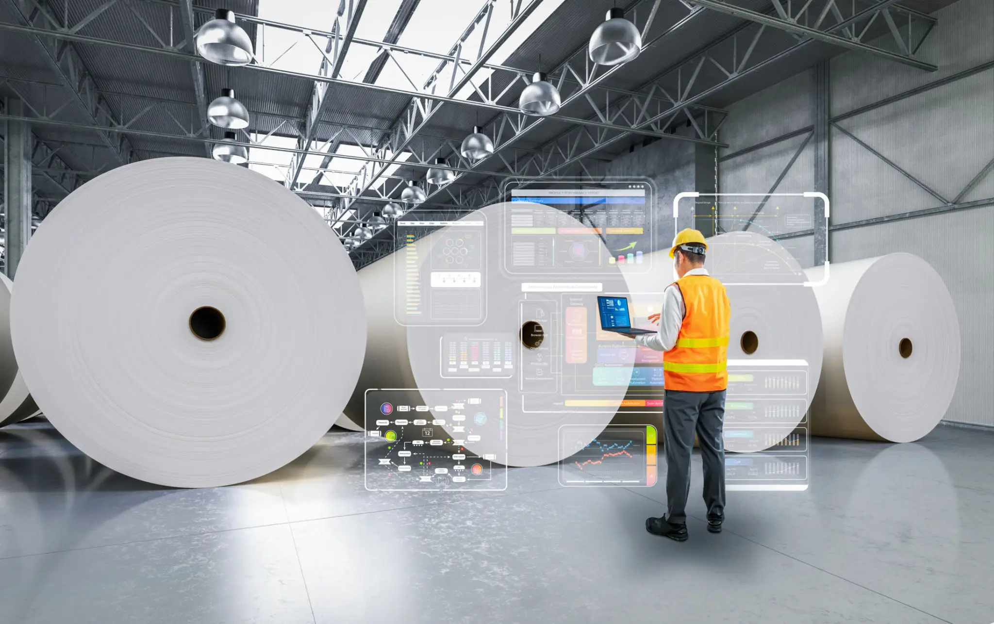 Worker analyzing data in paper factory.